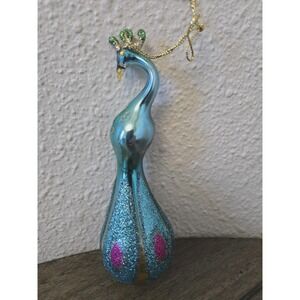 Vintage Style Blown Glass Peacock Christmas Ornament Glitter Teardrop Blue Gold